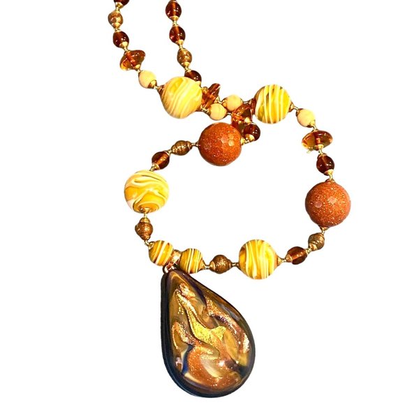 MURANO 24k Gold & Copper Infused Teadrop Pendant Venetian Glass Beads Necklace - Picture 2 of 8